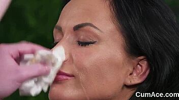 Peculiar babe takes sperm shot on face while sucking every drop