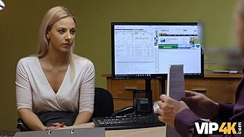 Blonde agent's financial troubles lead to a steamy office encounter
