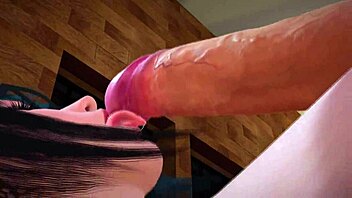 Uniformed maid licks and moans on muscular man's body in group blowjob scene