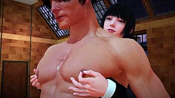 Uniformed maid licks and moans on muscular man's body in group blowjob scene