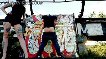 Outdoor humiliation: Dominatrix spanks and punishes bare-assed slave on the street