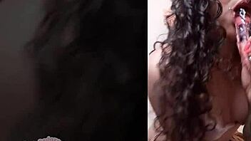 The brunette with curly hair uses a transparent dildo on her wet pussy with tongue and toys