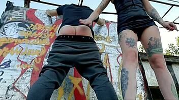 Outdoor humiliation: Dominatrix spanks and punishes bare-assed slave on the street