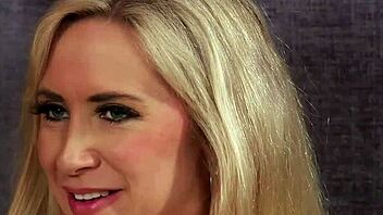 Frisky stunner gets cumshot on face swallowing cum.