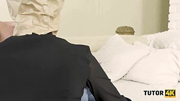 Tutor4k guy tricks older professor with paper prank. He then pounds her tight vagina hard.