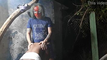 Spiderman fucks young girl at Halloween ball, family watches