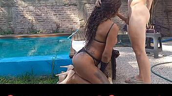 ayun xxx suggests anal cream for petite ebony in pool cumshot