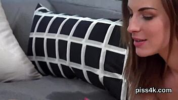 Sultry Lesbians Splatter Wet Cunts with Pee