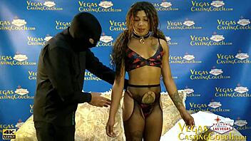 Hot ebony undergoes first BDSM with bondage, spanking, restrained orgasms, oral, fingering, and vibrator