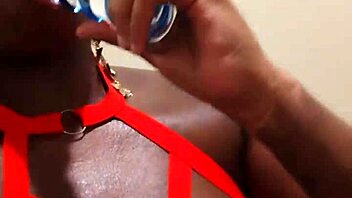 ebony milf in lingerie masturbates with dildo on her shaved pussy