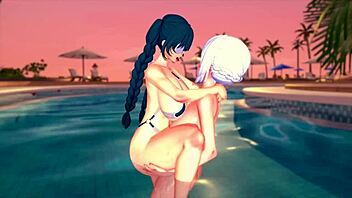 this 3d hentai features glasses, big tits, swimsuit, and futa.