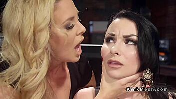 Bound brunette experiences intense anal pleasure from well-endowed blonde