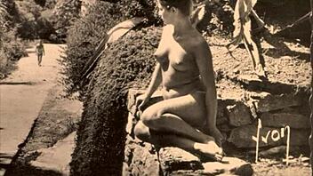 vintage girl explores nature with hairy body and natural tits.
