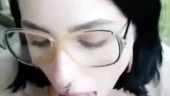 This brunette babe with big tits sucks cock on the porch until cumshot