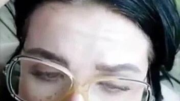 This brunette babe with big tits sucks cock on the porch until cumshot