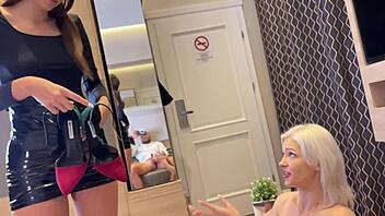 Petite blonde and brunette give a sensual double blowjob in a real couple casting