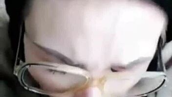 This brunette babe with big tits sucks cock on the porch until cumshot