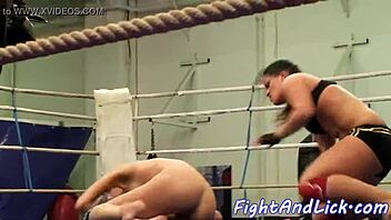 naked lesbians wrestle with big tits in boxing ring