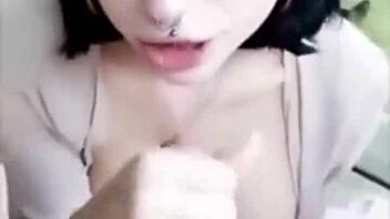 This brunette babe with big tits sucks cock on the porch until cumshot