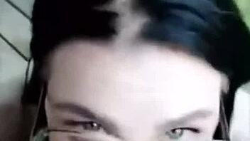 This brunette babe with big tits sucks cock on the porch until cumshot