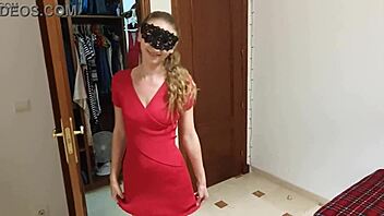 wife tries on tight red dress