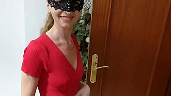 wife tries on tight red dress