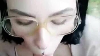 This brunette babe with big tits sucks cock on the porch until cumshot