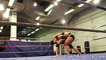 naked lesbians wrestle with big tits in boxing ring