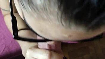 Little teen 18+ with innocent look gives intense blowjob on the head, teasing with her tongue