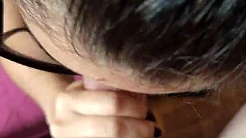 Little teen 18+ with innocent look gives intense blowjob on the head, teasing with her tongue