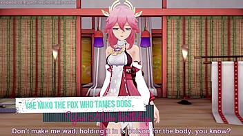 Yae Miko kesyttää koiria doggystyylillä ja ratsastaen Genshin Impact hentaissa