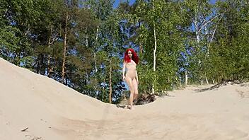 Naked redhead exposes herself in public outdoor reality scene with emojis 😏🌳