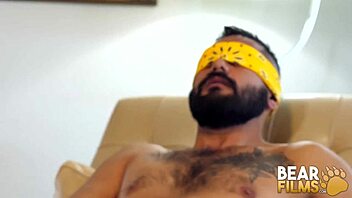 blindfolded gay bear avi strider jerks his monster cock solo