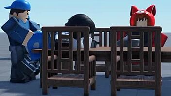 roblox arsenal game with short haired character bent over and sucking