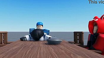 roblox arsenal game with short haired character bent over and sucking