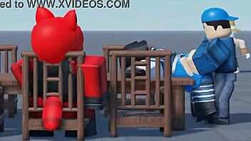 roblox arsenal game with short haired character bent over and sucking