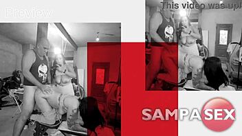 Hot bigass milf and girlfriend get pussy creampie during workout