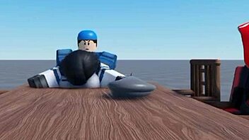 roblox arsenal game with short haired character bent over and sucking