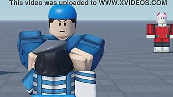 roblox arsenal game with short haired character bent over and sucking
