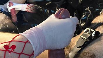 Mistress masturbates my cock with white gloves, I cum as she works my urethra with the dilator 😈