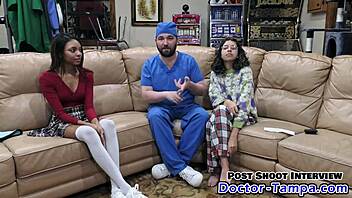 Black ebony gets nervous during her first gynecological exam by a latex-clad doctor