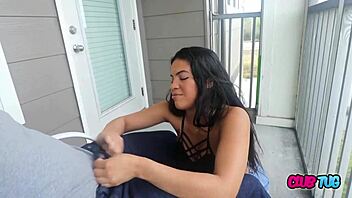 maya farrell gives handjob on balcony. clothed girlfriend experience.