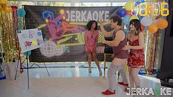 Jerkaoke - Petite Brunette Aria Lee Rides Big Cock in POV Game