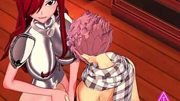 erza and natsu from fairy tail having uncensored sex with blowjob handjob and cumshot