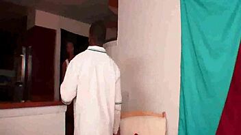 Redhead babe gives ebony guy a hot blowjob