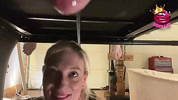 Blonde babe gets tied up and drenched in cum on milking table