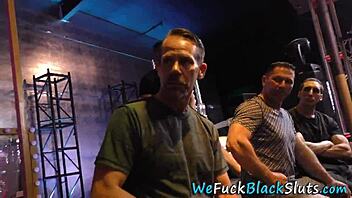 Ebony babe cum covered in hardcore group bukkake