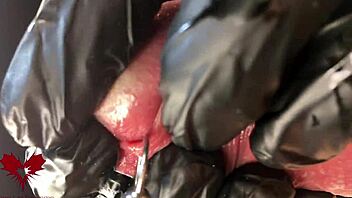 this is close up extreme second side view latex gloves detailled peehole and cumshot