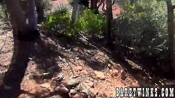 lusty twink gets double teamed and facialized outdoors by friends