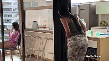 Adorable brunette couple enjoys morning breakfast with oral sex